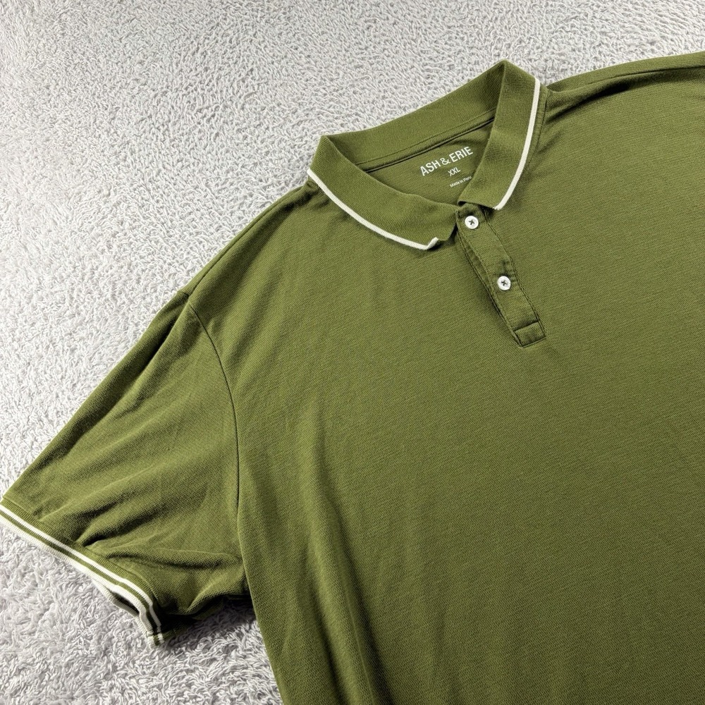 Ash & Erie Tipped Polo Shirt Mens XXL 2XL Green Textured Collared Soft
